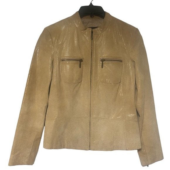 Alfani Embossed Leather Zip Up Long Sleeve Jacket Tan/Zippered Pockets M - Picture 15 of 15